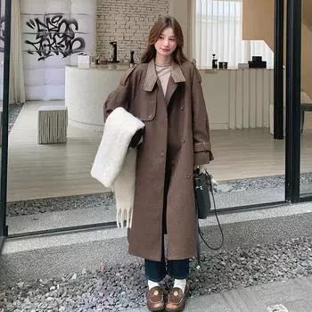 МОДНОЕ шерстяное пальто кофейного цвета, женское, средней и длинной длины, зимнее, ретро, из искусственной кожи, сращивание, иностранное модное шерстяное пальто, Одежда S
