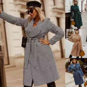 Модное шерстяное пальто с завязками «гусиные лапки», тонкое, толстое, простое, однотонное, женское пальто средней длины XXL чёрный