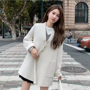 Модное шерстяное пальто свободного кроя с косой планкой для женщин на зиму S белый