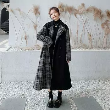 МОДНОЕ шерстяное пальто женское среднее и длинное зимнее новое маленькое свободное утолщенное клетчатое шерстяное пальто сшивание Одежда S recommends 90-52.5 kg чёрный