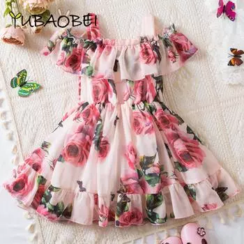 Модное шифоновое платье на подтяжках для девочек, детское платье принцессы на бретелях с цветочным принтом для малышей, детская одежда 12M розовый