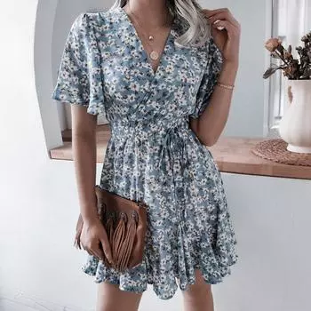 Модное шифоновое платье с цветочным принтом и высокой талией, женское летнее свободное синее мини-сексуальное платье, повседневное вечернее платье с V-образным вырезом, Vestido 25168 S хаки