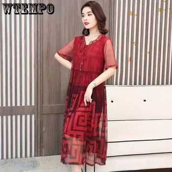 Модное шифоновое платье трапециевидной формы, женское летнее темпераментное свободное тонкое сетчатое платье M