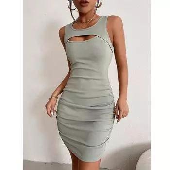 Модное сплошное цветное сексуальное мини-платье с вырезами, тонкое платье без рукавов, плотно трикотажное платье S оранжевый