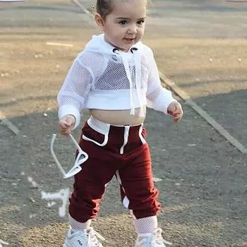 Модное спортивное сетчатое дышащее пальто с капюшоном для маленьких девочек + жилет + брюки, наряды 100 красный