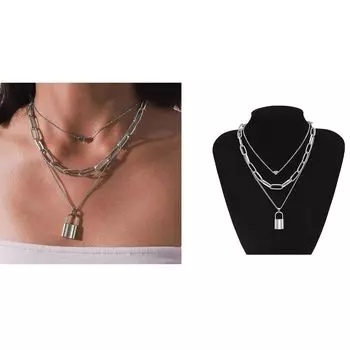 Модное стильное многослойное колье с подвеской-цепочкой для женщин и девочек (12475np), Серебряный