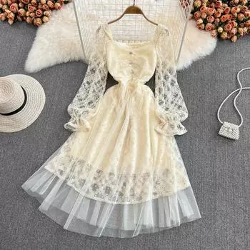 Модное супер фея, женское темпераментное платье с высокой талией, тонкими гвоздями и бисером, с квадратным вырезом, кружевное платье, элегантное темпераментное длинное платье с большими качелями