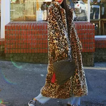 Модное супердлинное пальто с мехом леопарда, осенне-зимнее новое свободное тонкое теплое и удобное бархатное пальто S леопардовый