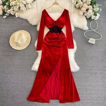 Модное светлое бархатное платье Royal Sister с v-образным вырезом на талии для похудения, кружевное бархатное платье на талии, платье с рыбьим хвостом