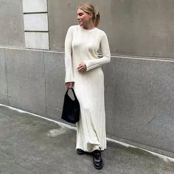 Модное свободное длинное платье с высокой талией, женское однотонное платье-пуловер с длинными рукавами, уличная трикотажная одежда, зимнее женское платье макси S белый