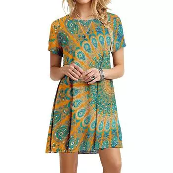 Модное свободное мини-платье с принтом, женские летние платья большого размера с коротким рукавом, повседневный уличный сарафан S