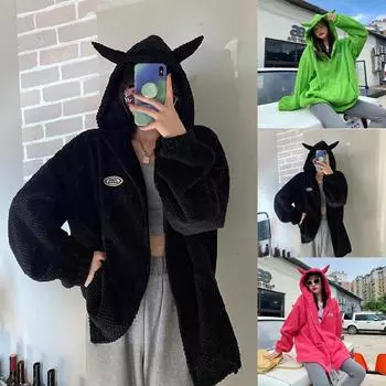 Модное свободное пальто на молнии из коровьего рога с декоративными ушками, женский свитер L чёрный