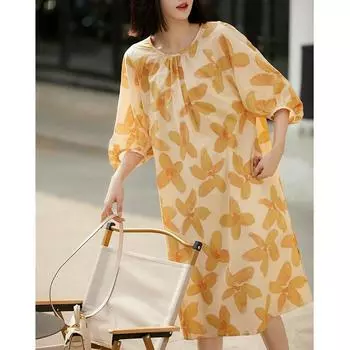 Модное свободное платье с принтом для женщин 2023, летние платья с коротким рукавом, вечернее платье, платья с цветочным принтом и кожаным поясом 25953 M жёлтый