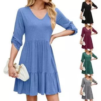 Модное свободное платье со средним рукавом и V-образным вырезом, плиссированное и оборчатое для женщин L чёрный