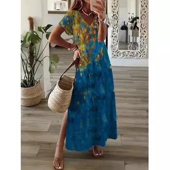 Модное свободное пляжное платье с v-образным вырезом и разрезом, женское длинное платье с ретро-принтом, летнее элегантное платье макси с короткими рукавами 5XL