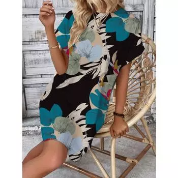 Модное свободное повседневное летнее платье с принтом для женщин, элегантное платье с рукавами «летучая мышь» и круглым вырезом, свободное повседневное женское платье, простое короткое платье в стиле ретро для женщин 2675 S чёрный