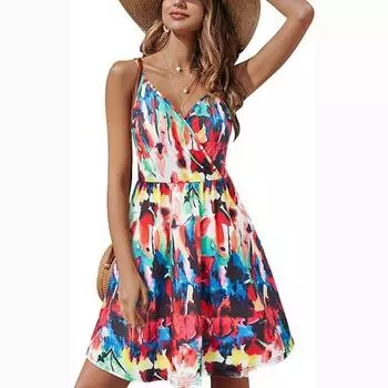 Модное свободное сексуальное платье с v-образным вырезом, женское летнее платье с карманом на ремне, элегантное женское короткое платье размера плюс, элегантные повседневные платья с принтом 24339 S чёрный