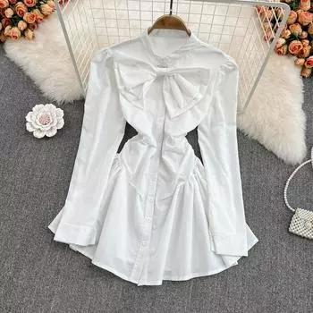 Модное темпераментное белое платье с бантом и пузырьковыми рукавами, французское платье с длинным рукавом и талией, тонкая рубашка, платье трапециевидной формы
