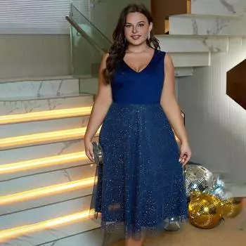 Модное темпераментное платье в европейском и американском стиле с сетчатыми вставками, женское платье на подтяжках большого размера, торжественное платье XL синий