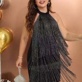 Модное темпераментное женское платье большого размера в европейском и американском стиле, короткая вечерняя юбка с кисточками и висячим воротником XL чёрный