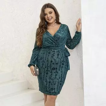 Модное темпераментное женское вечернее платье большого размера в европейском и американском стиле с v-образным вырезом и длинными рукавами XXXL зелёный