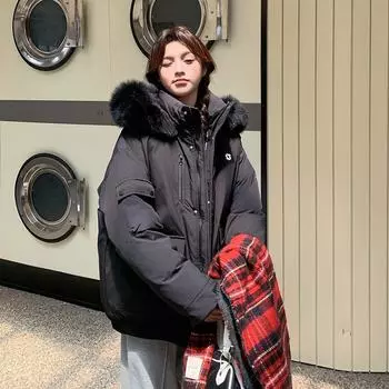 Модное толстое свободное пуховое хлопковое пальто для женщин - парка в корейском стиле с меховым воротником для коротких девушек S розовый