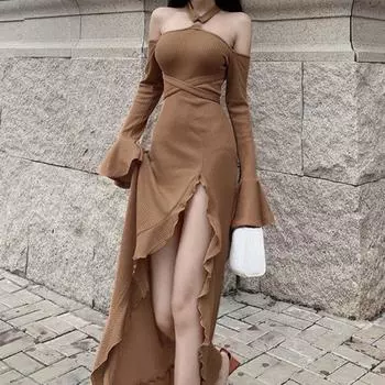 Модное тонкое платье-футляр с оборками, сексуальное женское праздничное платье с лямкой на шее, длинными расклешенными рукавами, уличная одежда с высоким разрезом, женские платья, халаты S чёрный