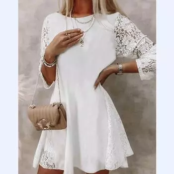 Модное тонкое платье с рюшами на шнуровке, женское повседневное летнее лоскутное кружевное платье с цветочным принтом, элегантное белое платье с рукавами три четверти 26621 S белый
