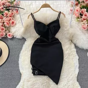 Модное тонкое вечернее платье без рукавов с высокой талией 2022, однотонное мини-платье на бретелях с открытой спиной и v-образным вырезом, сексуальное женское платье, лето 20846 M зелёный