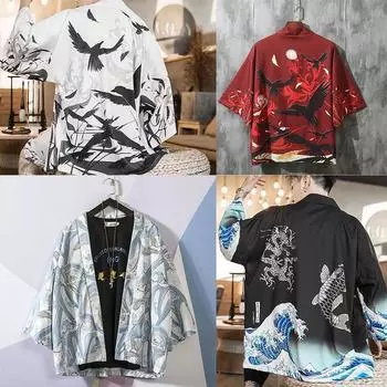 Модное традиционное японское кимоно-кардиган для мужчин и женщин с солнцезащитным кремом и принтом, тонкое свободное кимоно, пальто M синий/белый