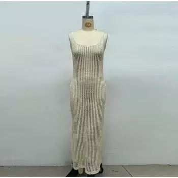 Модное трикотажное длинное платье с открытой спиной для женщин, сексуальное пляжное платье миди без рукавов, летнее женское платье для отпуска 2025 года S абрикосовый
