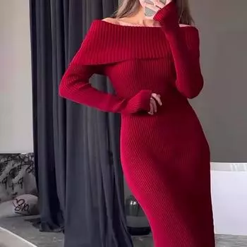 Модное трикотажное длинное платье с открытыми плечами, женское, ребристое, свободное, с высокой талией, элегантное осеннее вечернее платье, женское трикотажное платье макси S чёрный