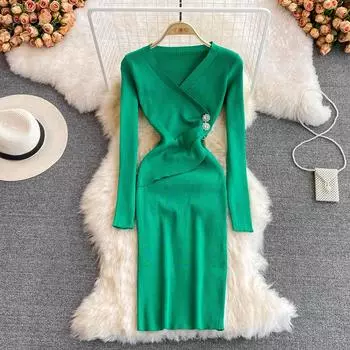 Модное трикотажное платье с длинным рукавом и v-образным вырезом 2022, весенняя мода, сексуальная эластичная плотная сумка, шерстяное платье на бедрах One Size чёрный