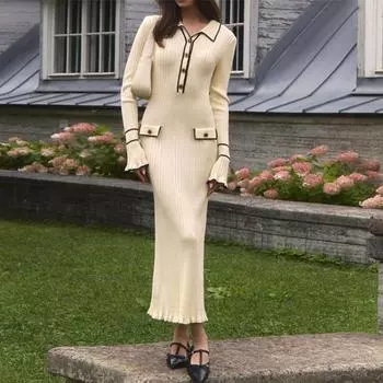 Модное трикотажное платье с расклешенными рукавами и оборками для женщин, новое осенне-зимнее облегающее платье средней длины с лацканами, элегантное вечернее повседневное платье с высокой талией 25136 S