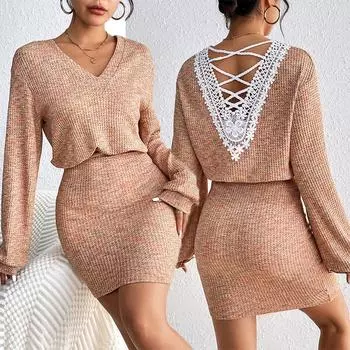 Модное трикотажное платье с V-образным вырезом и длинным рукавом для женщин, осень-зима, облегающее, элегантное, кружевное, с открытой спиной, мини-платья для женщин, халат Femme S бежевый