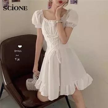 Модное уличное женское платье трапециевидной формы, милое летнее мини-платье для девочек, классное Harajuku, с пышными рукавами, в стиле ампир, простое, белое, однотонное, Mujer Vestido S белый