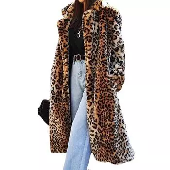 Модное универсальное пальто из искусственного меха с леопардовым принтом и лацканами, женское пальто средней длины с длинным рукавом S