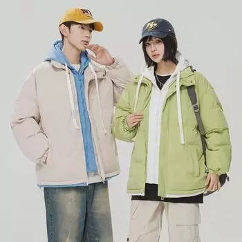 Модное утолщенное хлопковое пальто с капюшоном, водонепроницаемое и необрастающее, в парном стиле, имитация двухкомпонентного дизайна. M чёрный