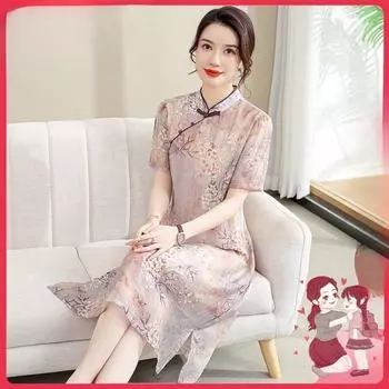 Модное утягивающее платье для женщин среднего возраста, свободное летнее платье-ципао, элегантное и стильное XL фиолетовый