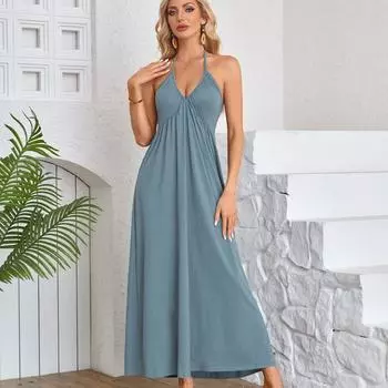 Модное вечернее сексуальное платье без рукавов, женская летняя одежда с открытой спиной, однотонное с v-образным вырезом, свободное повседневное платье, офисные женские элегантные плиссированные платья трапециевидной формы 1077 S чёрный