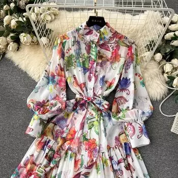 Модное весенне-летнее пляжное шифоновое платье с цветочным принтом, женское платье с рукавами-фонариками, праздничный пояс на шнуровке, свободный длинный халат макси в стиле бохо M