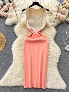 Модное винтажное цветное лоскутное трикотажное платье для женщин, корейское сексуальное платье на бретельках, вечерние платья для женщин, Франция, элегантная женская одежда с эластичной резинкой на талии One Size чёрный