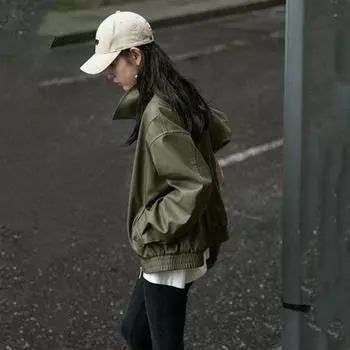 Модное винтажное кожаное пальто в иностранном стиле, свободная армейская женская куртка, пальто S