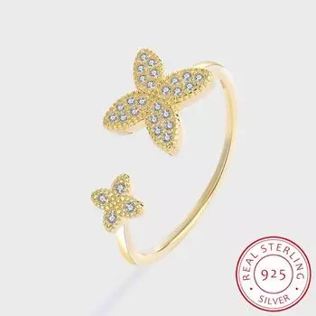 Модное желтое кольцо с четырьмя лепестками клевера для женщин. Изысканные ювелирные изделия с четырьмя лепестками клевера. Серебро 925 пробы. Женское праздничное кольцо. Юбилейное кольцо из стерлингового серебра. Resizable золотой