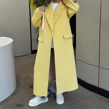 Модное желтое шерстяное длинное пальто для женщин, утолщенное, теплое, свободное, с лацканами, с длинным рукавом, на одной пуговице, однотонное пальто 2024 года, осень-зима, элегантная ветровка M жёлтый