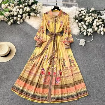 Модное желтое шифоновое пляжное праздничное платье с цветочным принтом, женское однобортное однобортное платье с рукавами-фонариками на шнуровке, длинный халат S жёлтый
