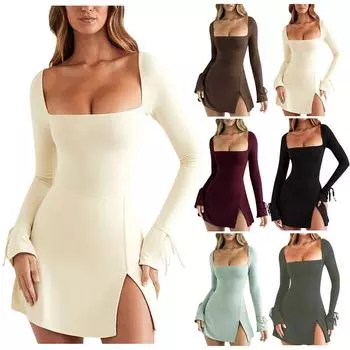 Модное женское эластичное платье с квадратным вырезом и лифом с длинными рукавами L чёрный