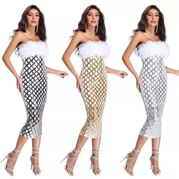 Модное женское элегантное длинное платье без рукавов с перьями и блестками невесты, подружек невесты, длинное платье миди, вечерние платья