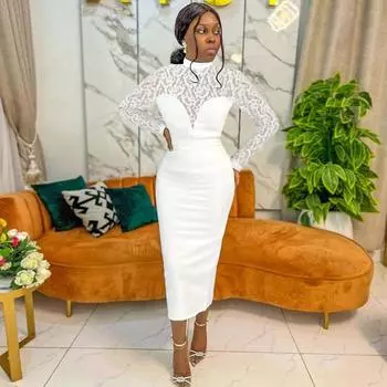 Модное женское элегантное длинное платье с длинными рукавами, кружевное платье подружки невесты, свадебное платье миди, вечерние платья S белый