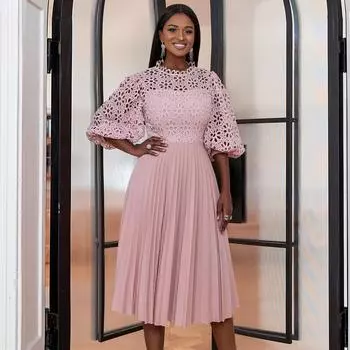 Модное женское элегантное кружевное платье с короткими рукавами и складками, ажурное платье подружки невесты на свадьбу, длинное платье миди, вечерние платья S розовый